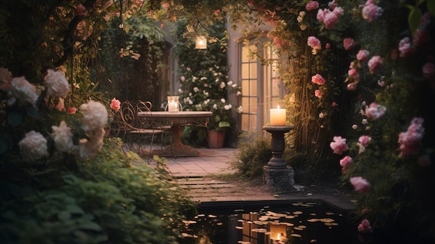 장미, 꽃걸이, 등불이 있는 아 ⁇ 한 로맨틱한 정원