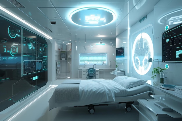 Photo a cozy room featuring a comfortable bed and a tv mounted on the wall a technologically advanced clinic healing patients with nanotechnology ai generated