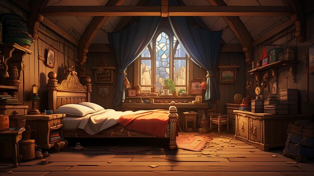 Photo cozy room with bed and cartoon window