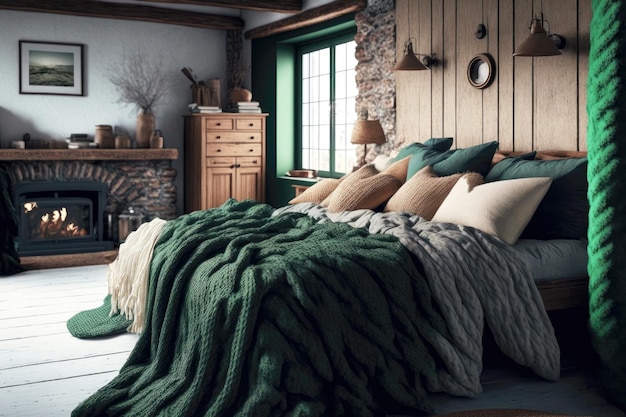 Photo cozy room with fireplace and large double bed with green linens