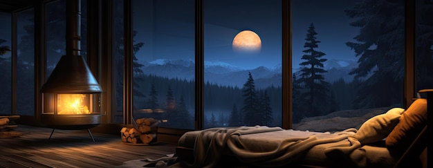 A cozy room with a fireplace outside the window there are mountains a pine forest and moon