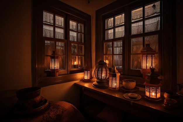 Cozy room with lanterns casting warm glow and soft light over the window sill