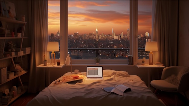 A cozy room with a laptop on the bed