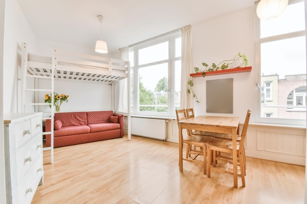 Cozy room with red sofa