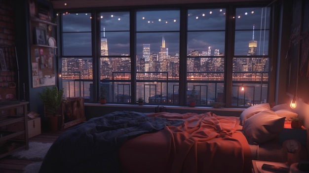 A cozy room with a view of the city