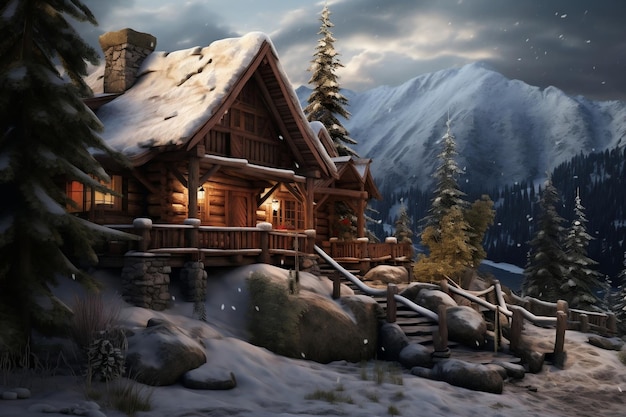 A cozy and rustic cabin nestled in the mountains Generative Ai