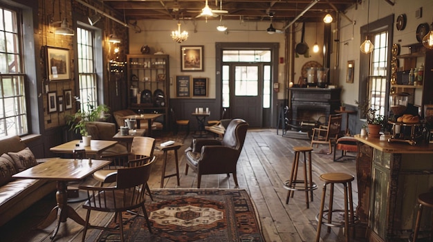 Cozy Rustic Farmhouse Coffee Shop Interior with Vintage Decor