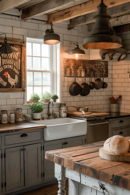 Photo cozy rustic farmhouse kitchen with vintage mason jar accessories interior layout creative decor