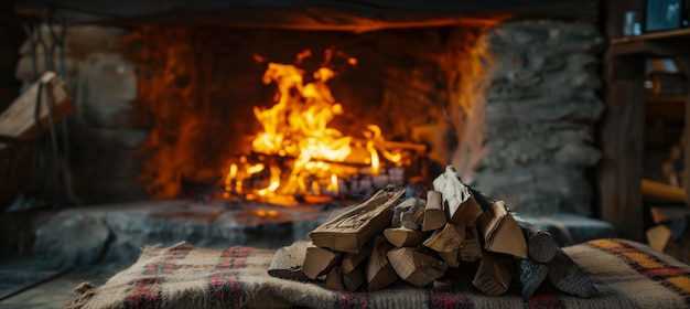 Cozy rustic fireplace with burning firewood creating warm and inviting ambiance