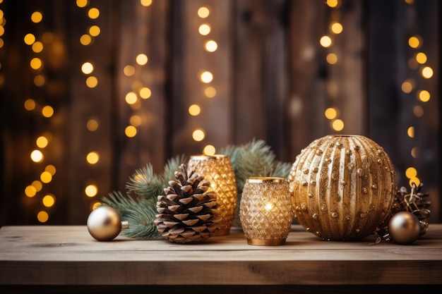 A cozy and rustic holiday setup with golden spheres pinecones and a wood plank background