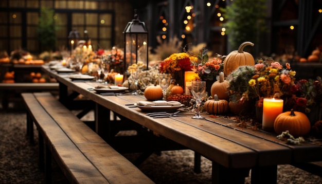 Cozy rustic wooden table set for an autumn feast with friends or family decorated with pumpkins and fall foliage centerpieces