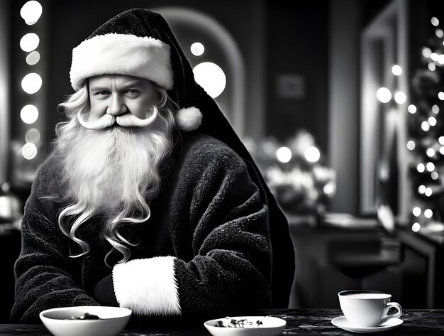 Cozy Santa in medium shot dark blackwhite scheme maximum detail cinema Generative AI Generated