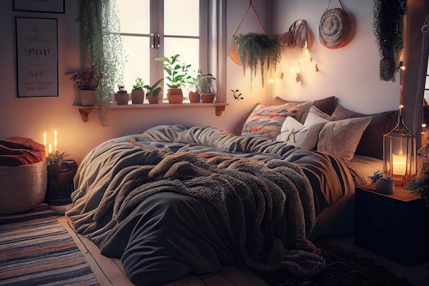 Cozy scandiboho bedroom with cozy bedding and soft lighting