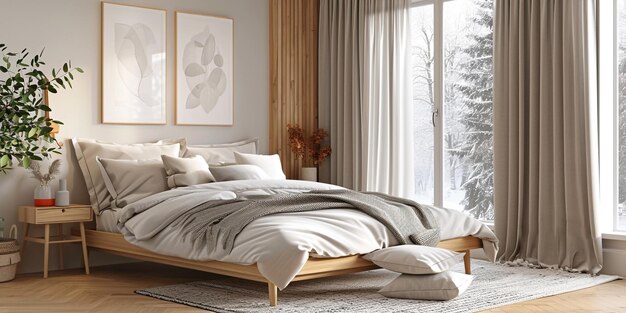 暖かいスカンジナビア風の寝室と雪の窓の景色