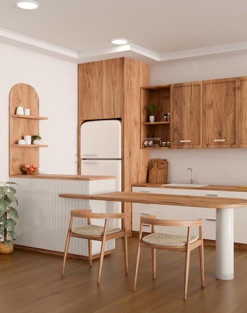 Accogliente cucina scandinava in stile bianco e legno con bancone in legno frigorifero in legno