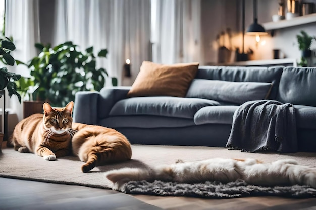 Фото Уютная скандинавская гостиная с котом, спящим на диване в глубине резкости