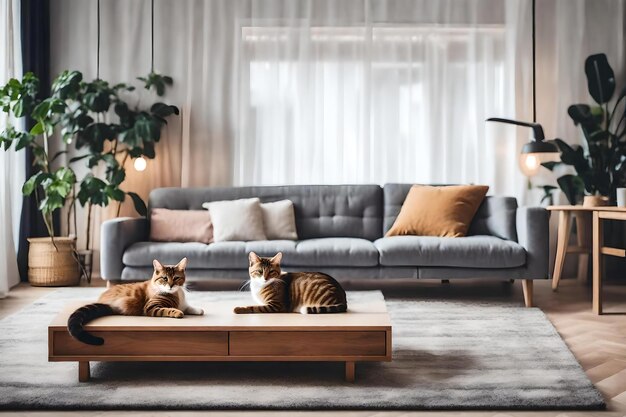 Cozy Scandinavian living room there is a cat sleeping on the couch depth of field