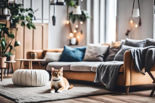 Cozy Scandinavian living room there is a cat sleeping on the couch depth of field