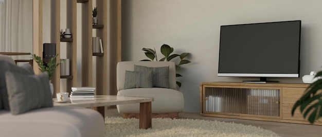 Уютная скандинавская гостиная с телевизором на минимальном деревянном шкафу для телевизора, удобный диван и декор