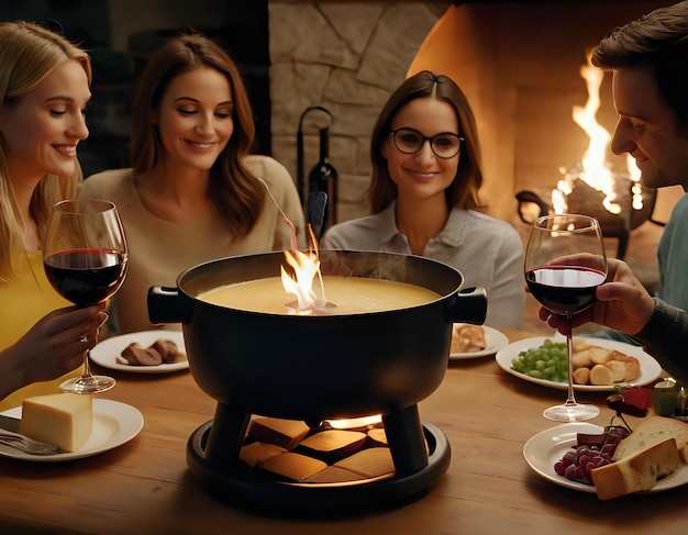 A cozy scene of friends gathered around a fondue pot with glasses of wine