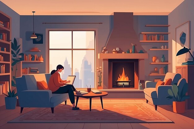 Photo a cozy scene of a person working near a fireplace vector illustration in flat style