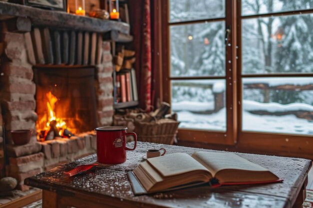 A cozy scene with a book coffee and a fireplace