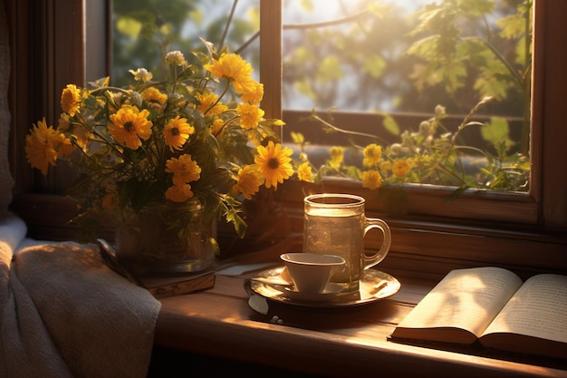 Photo a cozy scene with a book and a glass of iced tea by a window