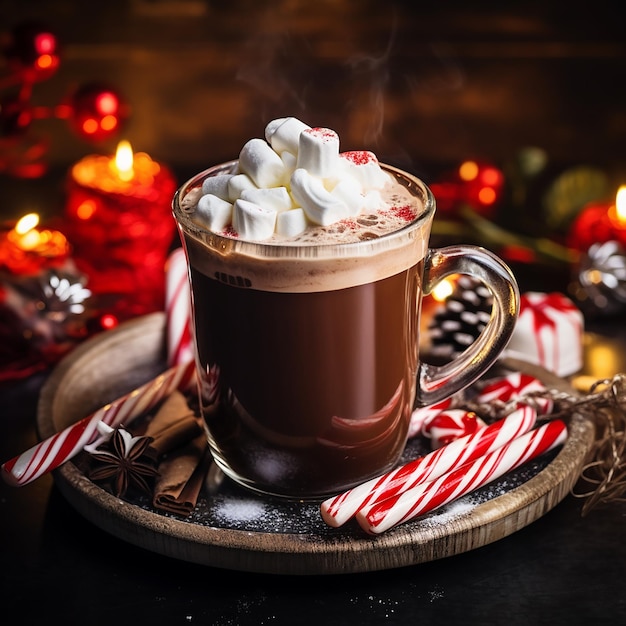 cozy scene with a steaming cup of hot cocoa topped with whipped cream and candy canes