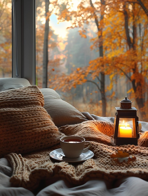 cozy scene with warm lighting soft blankets and pillows