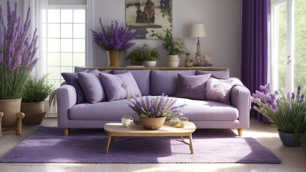 A cozy and serene livingroom featuring beautiful lavender flower pot