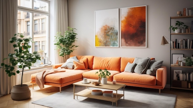 Cozy serene studio apartment with orange sofa modern living room