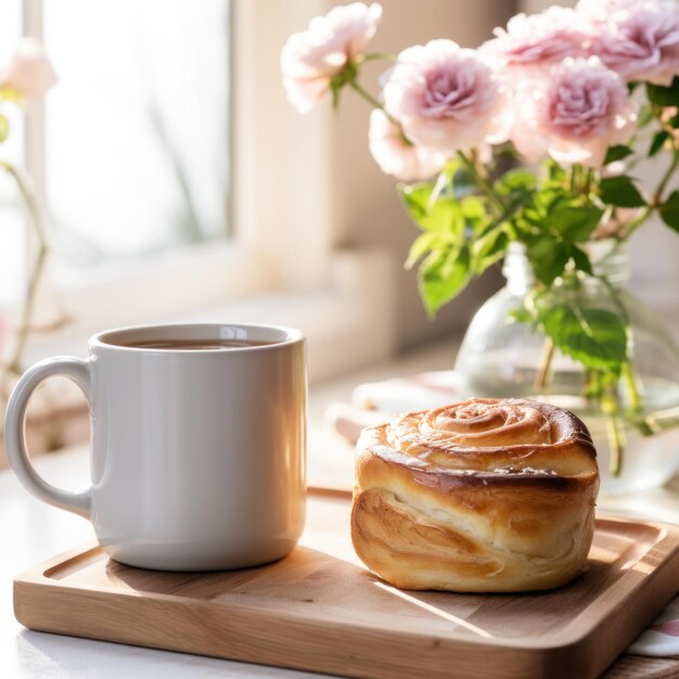 cozy setting of a coffee mug with a cinnamon bun and a flower vase placed on a wooden tray