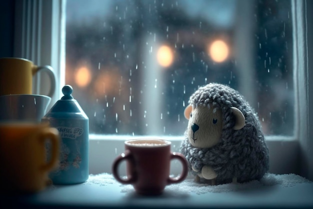Уютная овца, потягивающая теплый напиток у снежного окна в зимней стране чудес