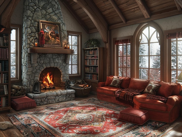 Фото Уютная гостиная с каменным камином и удобными сиденьями.