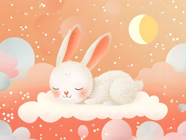 Уютный спящий кролик, свернутый на пастельном облаке под полумесяцем и звездным ночным небом.