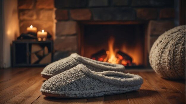 Photo cozy slippers by the fireplace