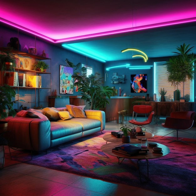 A cozy small living room with colorful indirect LED lighting