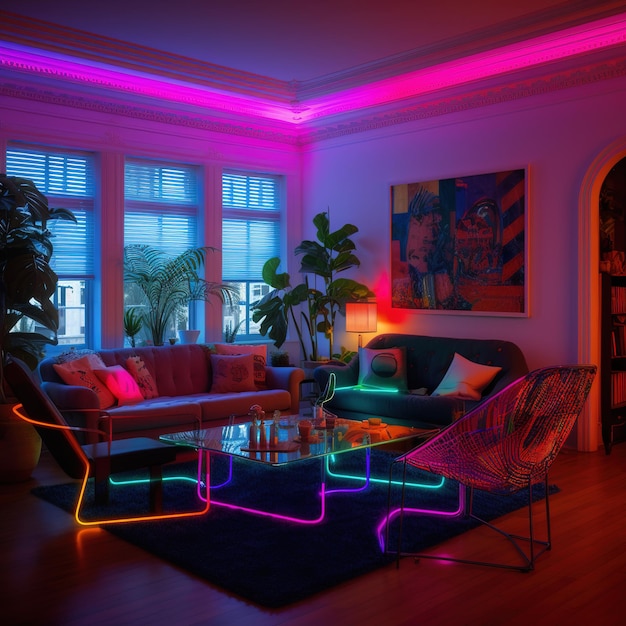 A cozy small living room with colorful indirect LED lighting