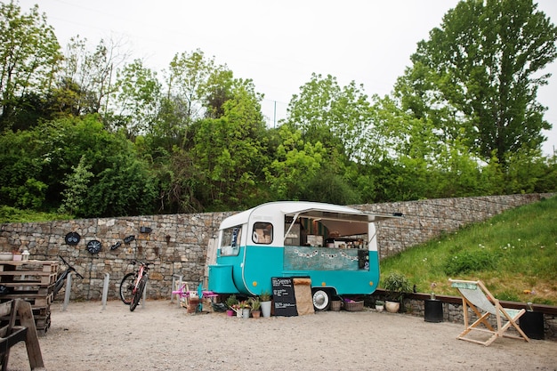 Cozy small mini bus food market with snacks and coffee