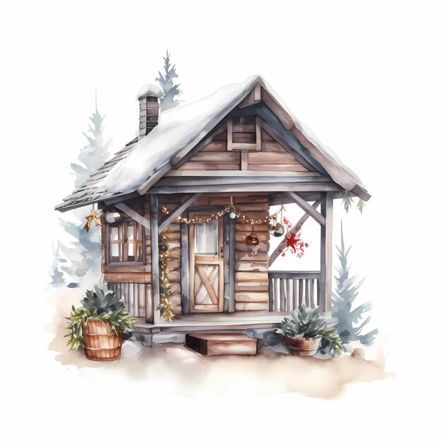 Cozy SnowCovered Winter Cabin Watercolor Drawing with Christmas Lights and Decorations Festive