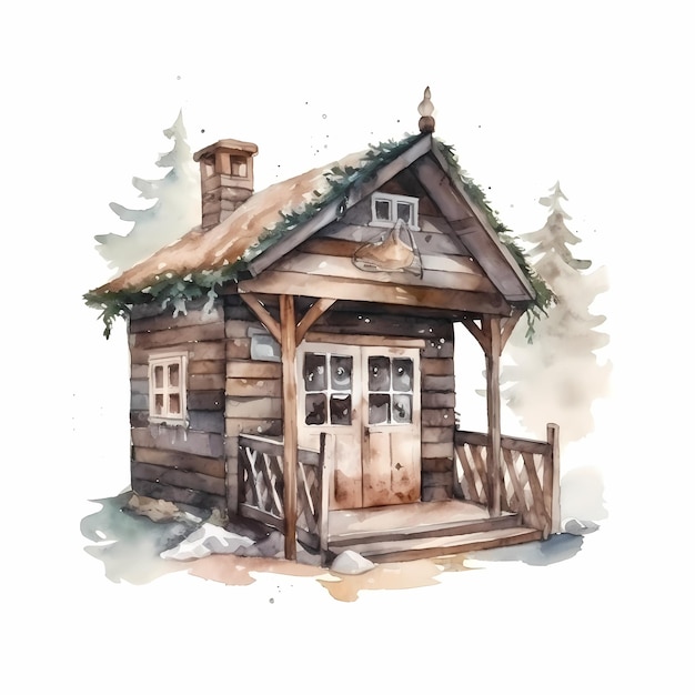 Cozy SnowCovered Winter Cabin Watercolor Drawing with Christmas Lights and Decorations Festive