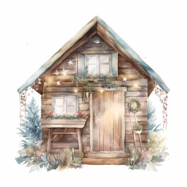 Cozy SnowCovered Winter Cabin Watercolor Drawing with Christmas Lights and Decorations Festive