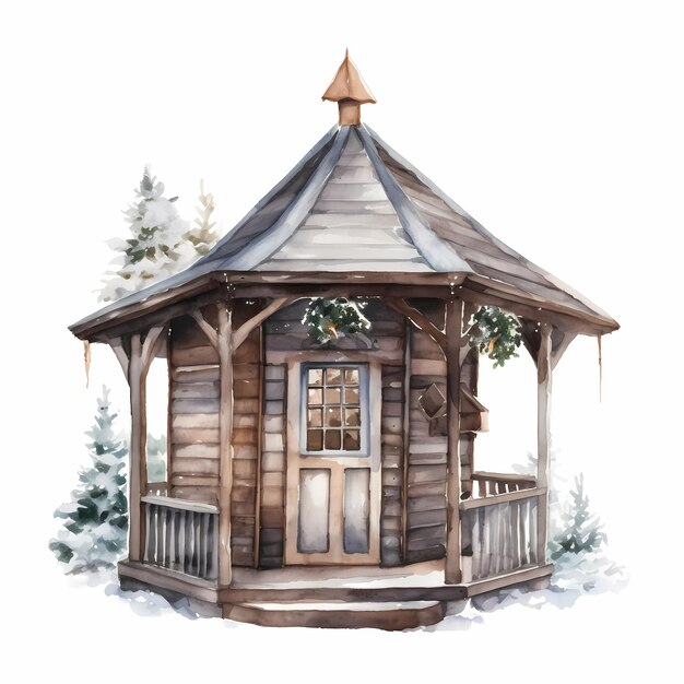 Cozy SnowCovered Winter Cabin Watercolor Drawing with Christmas Lights and Decorations Festive