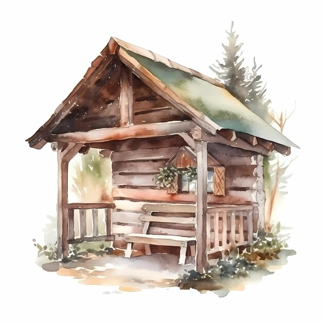 Cozy SnowCovered Winter Cabin Watercolor Drawing with Christmas Lights and Decorations Festive