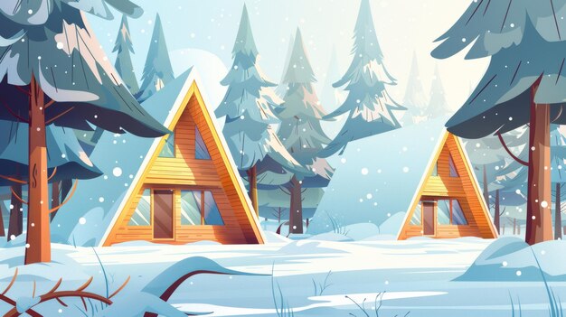 A cozy snowy cottage among fir trees stands in the middle of a frozen forest covered in snow Cartoon modern landscape with wood triangular buildings for winter camping and recreation in the woods