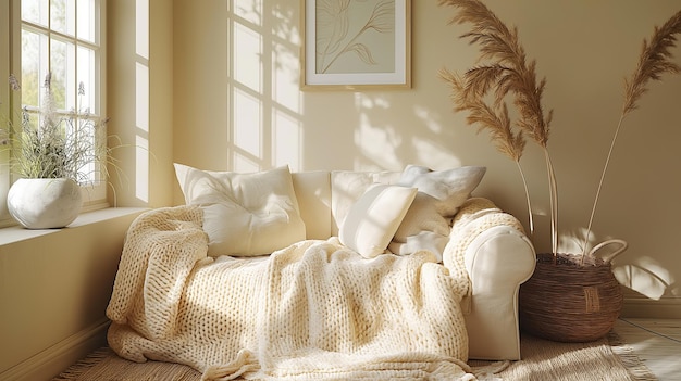 Уютное уютное пространство в монохромном жилом интерьере Мягкий диван с одеялом и декором из сухих растений
