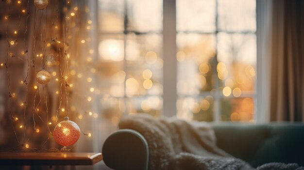 Cozy sofa with a blanket by the window with decorated in Christmas style with bokeh