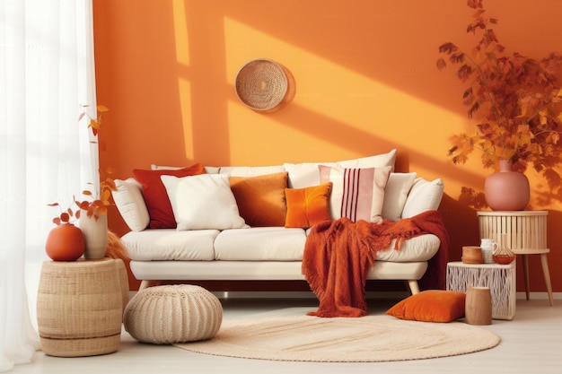 Cozy sofa with pillows and blanket in a modern home autumn decor from dry leaves