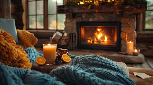 Cozy spa cabin with a crackling fireplace plush throws and a selection of warm herbal teas solid color background 4k ultra hd