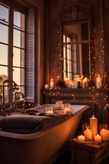 Cozy spa setting with candles towels and bath salts created with generative ai